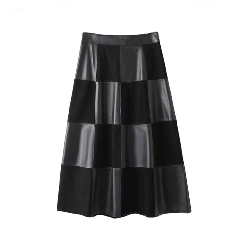 Women's Genuine Leather High Waist Checkerboard A-Line Maxi Skirt