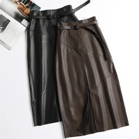 High Waist Split Sheepskin Leather Skirt – Women's Genuine Leather A-Line Skirt