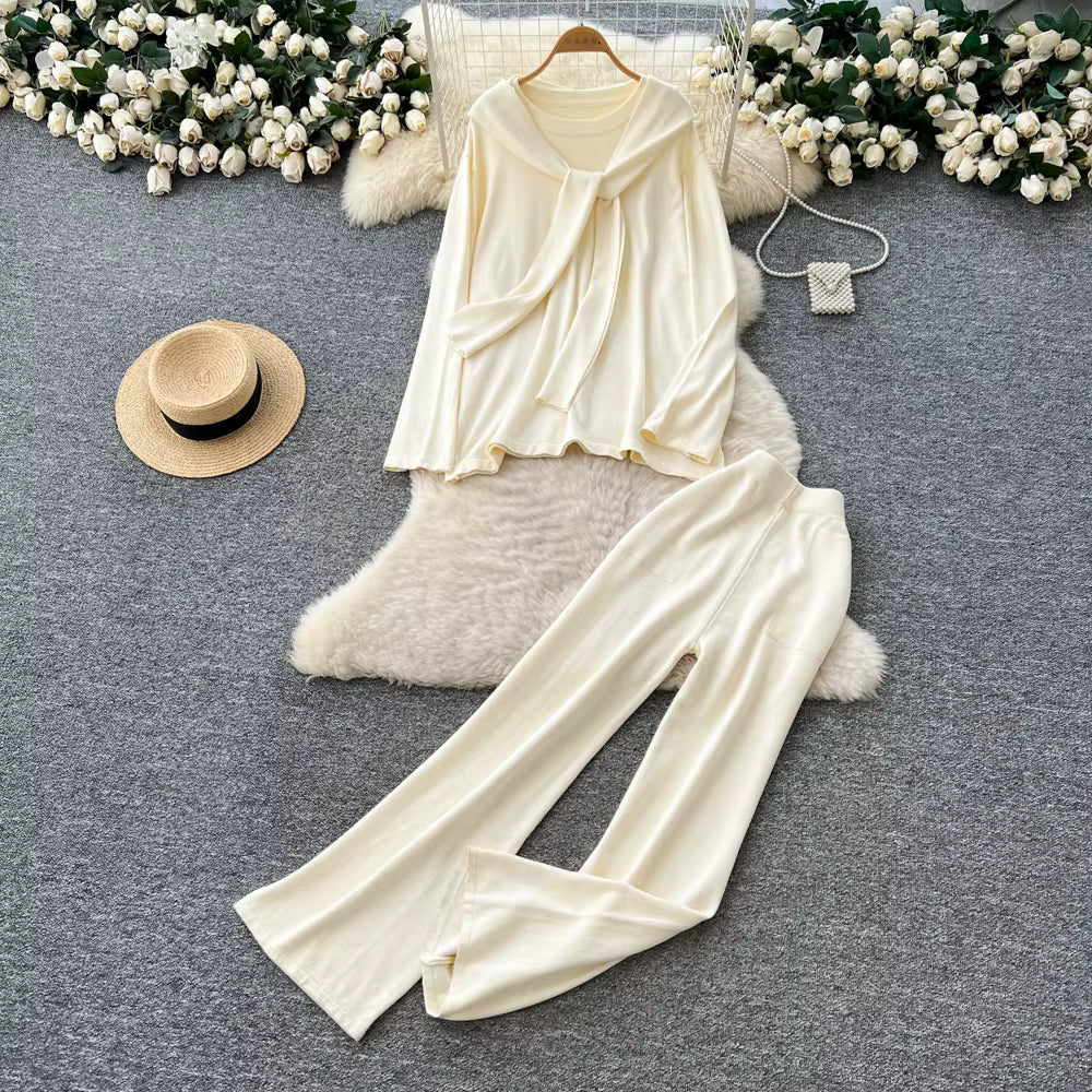 Casual Two-Piece Knit Sweat Suit | Tie-Front Top & Wide Leg Pants Set - Windia