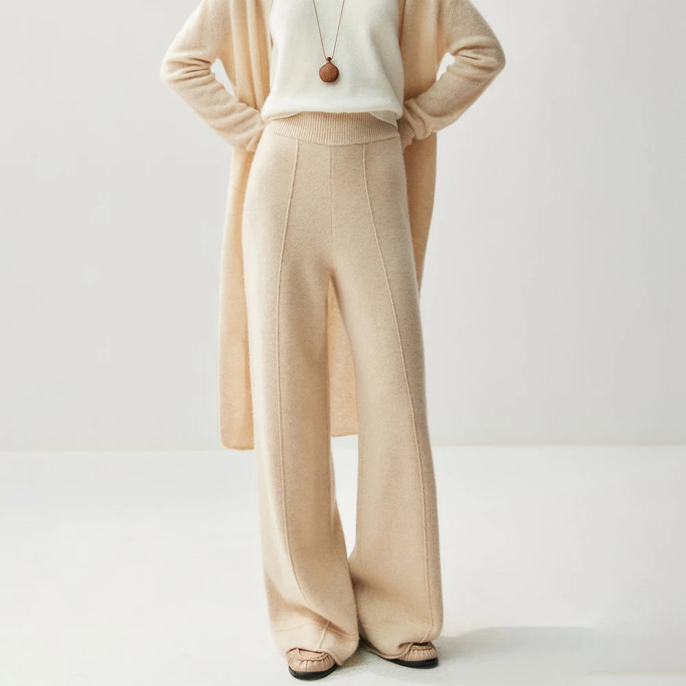 Women's Wool Cashmere Knitted Wide Leg Pants – High Waist Loose Straight Trousers