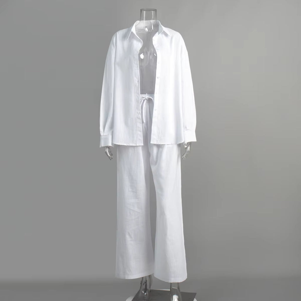 Women's Cotton Lapel Two-Piece Suit – Long Sleeve Top & Drawstring Trousers