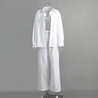Women's Cotton Lapel Two-Piece Suit – Long Sleeve Top & Drawstring Trousers