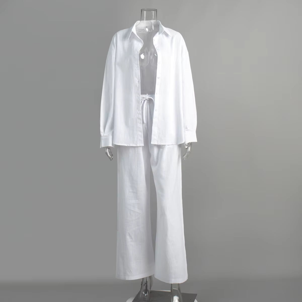 Women's Cotton Lapel Two-Piece Suit – Long Sleeve Top & Drawstring Trousers
