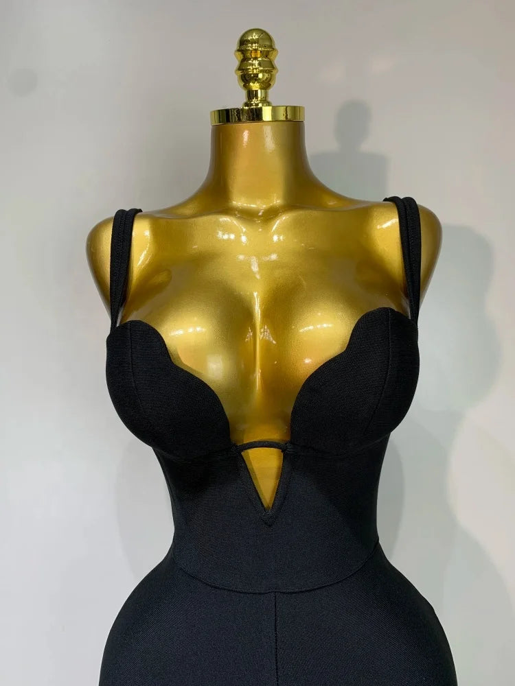 Women's Black Rhinestone V-Neck Jumpsuit | Windia