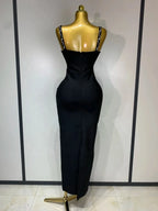 Women's Black Bandage Maxi Dress – Bodycon V-Neck Beading Evening Party Dress