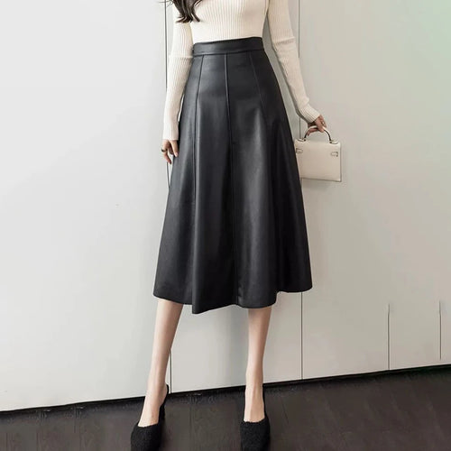 Women's Genuine Leather Long Skirt | High-Waist A-Line Sheepskin Midi Skirt