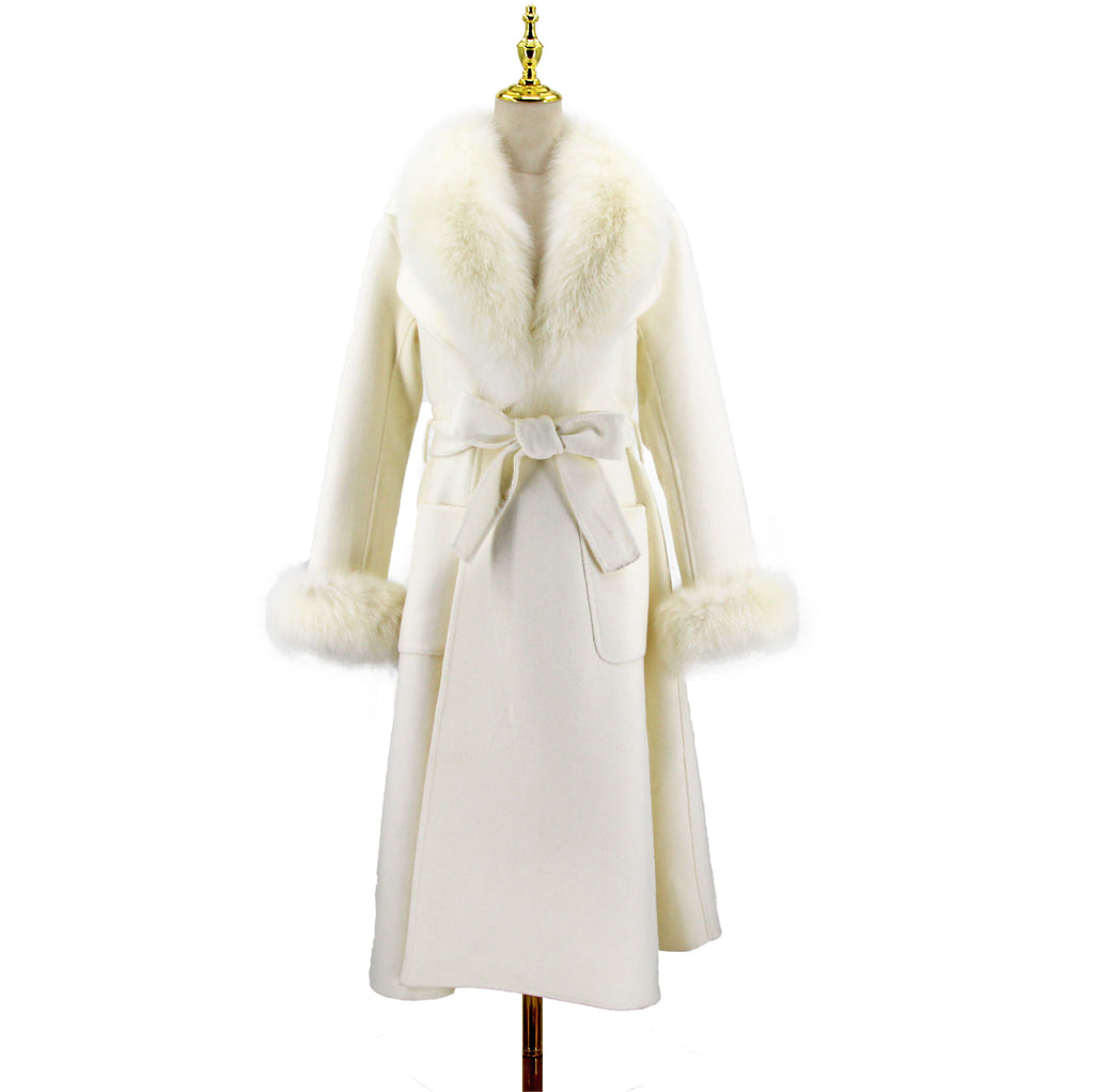 Women's Long Wool  Coat with Fox Fur Collar