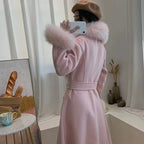 Women's Long Wool  Coat with Fox Fur Collar