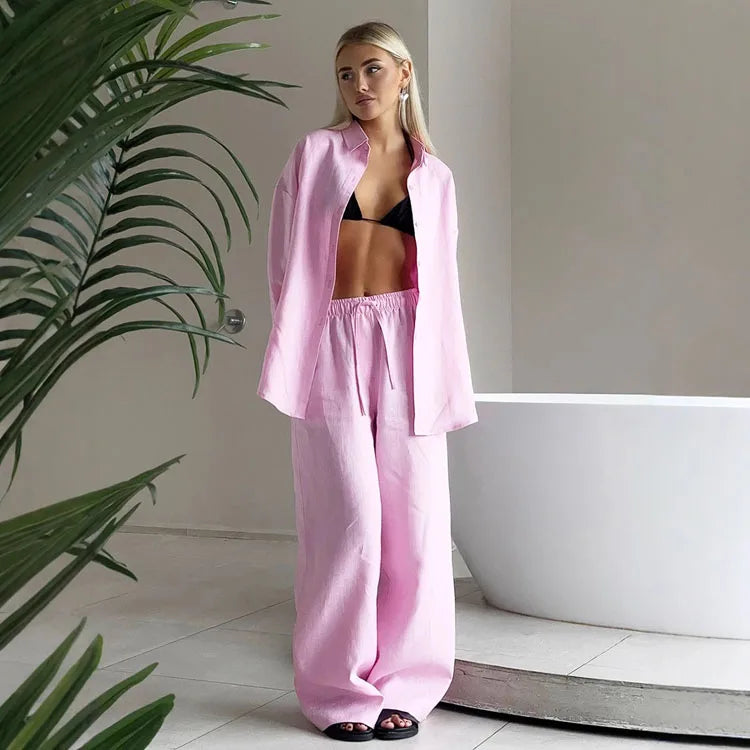 Women's Cotton Lapel Two-Piece Suit – Long Sleeve Top & Drawstring Trousers