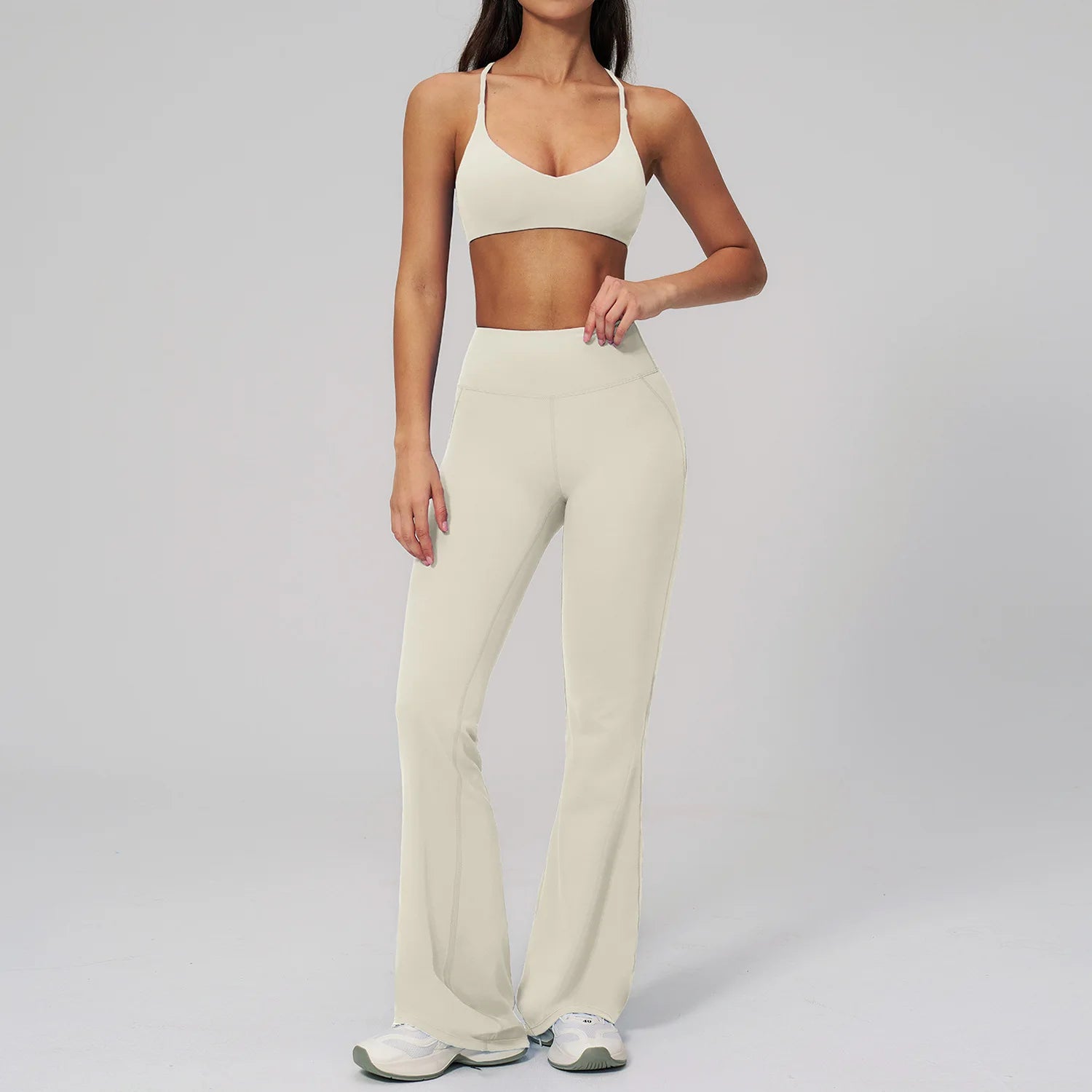 Beautiful Back Sports Bra & Flare Legging Set – Women's Nude Feel 2-Piece Gym Set