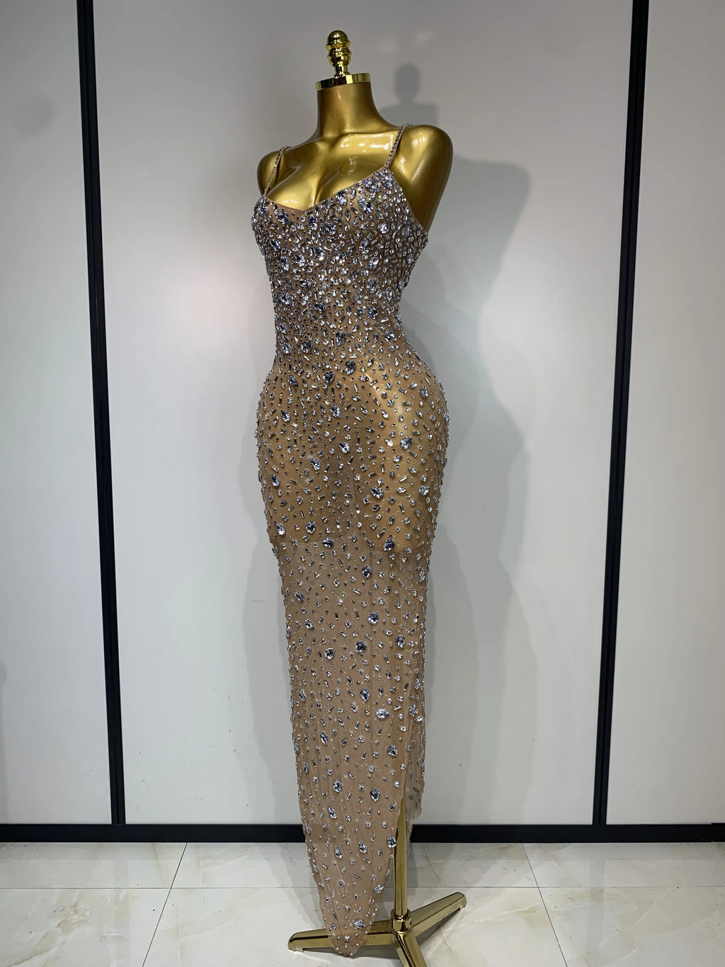 Women's Rhinestone Mesh Bodycon Evening Gown