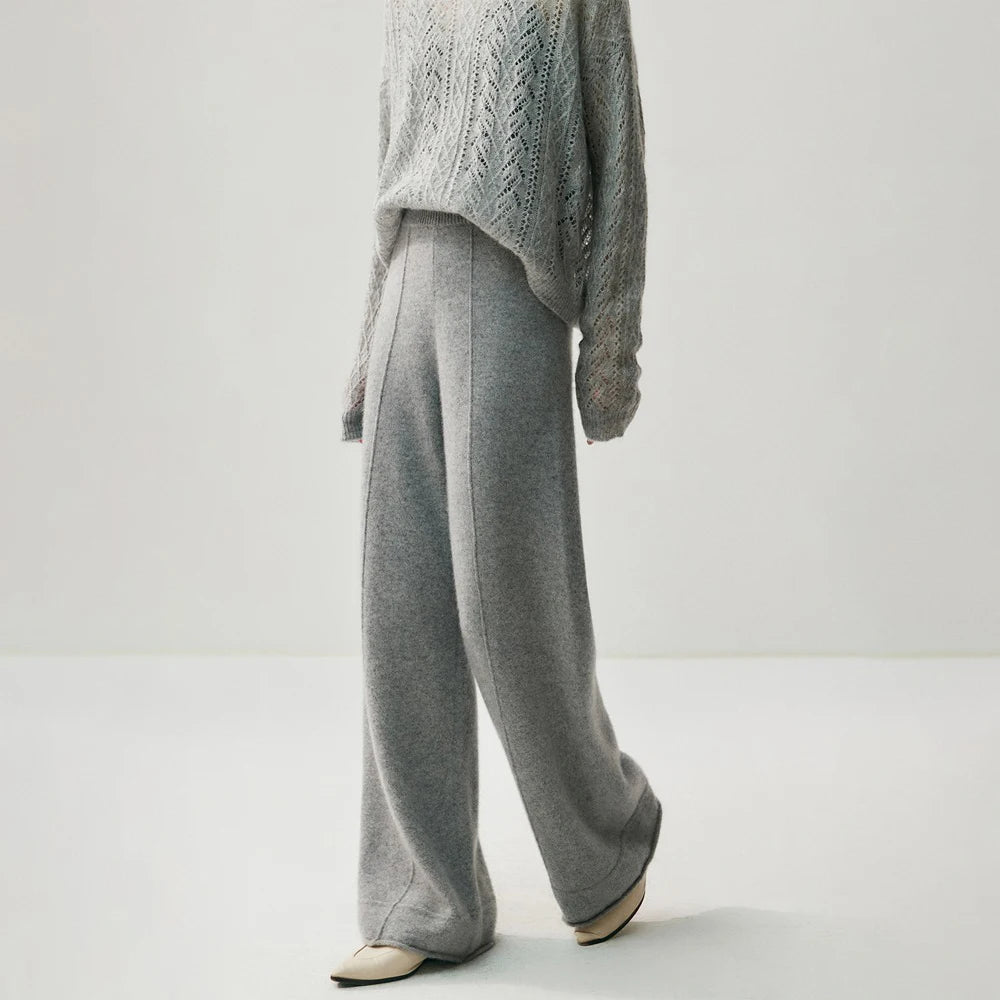 Women's Wool Cashmere Knitted Wide Leg Pants – High Waist Loose Straight Trousers
