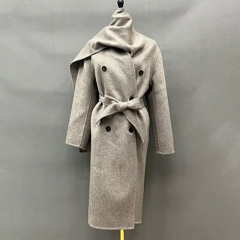 Women's Oversized Belted Scarf-Collar Coat