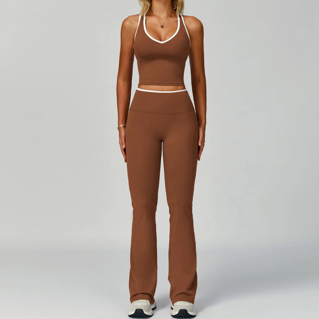 Contrast Colour Yoga Two-Piece Set — Seamless Vest & High-Waist Pants for Women