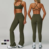 Beautiful Back Sports Bra & Flare Legging Set – Women's Nude Feel 2-Piece Gym Set