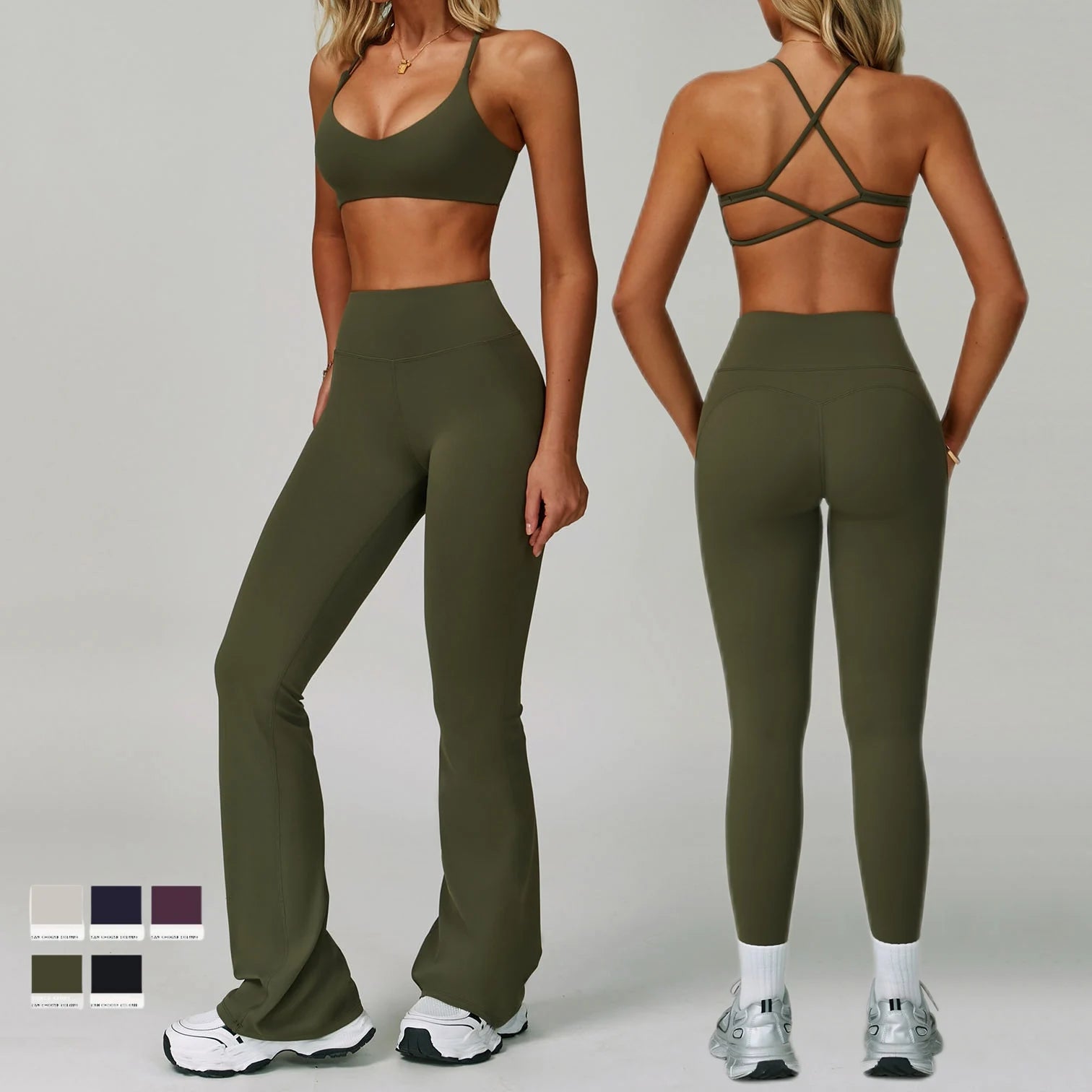 Beautiful Back Sports Bra & Flare Legging Set – Women's Nude Feel 2-Piece Gym Set