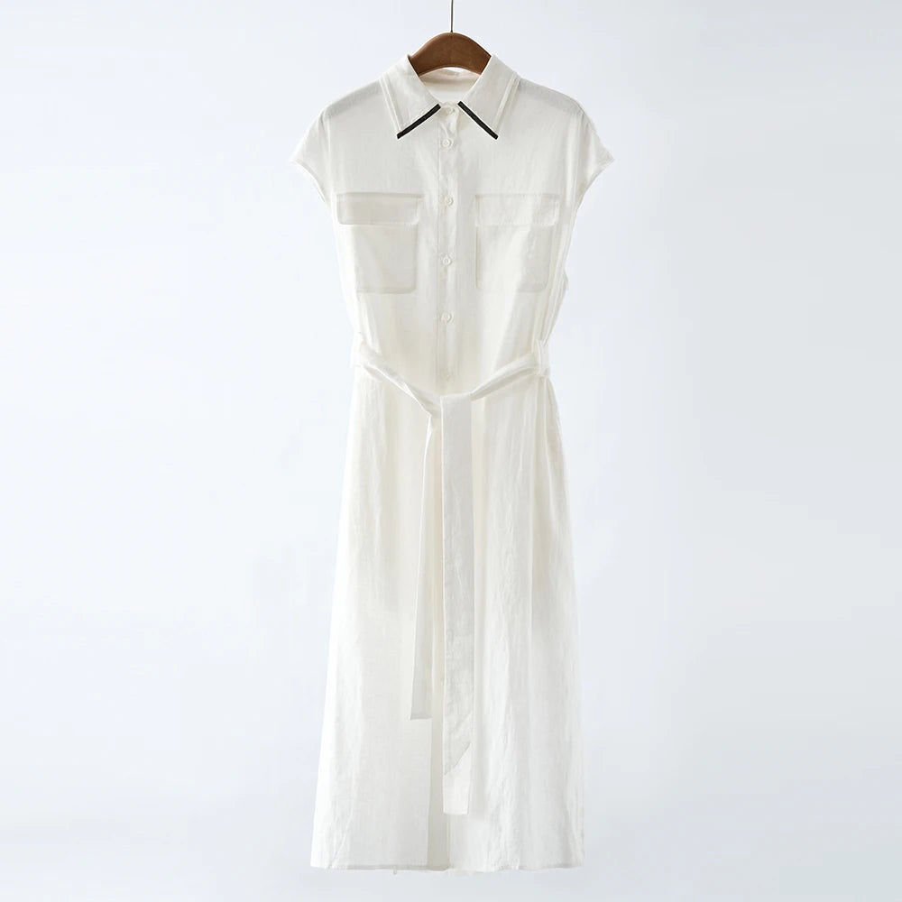 Women's Midi Linen Shirt Dress with Beaded Collar & Waist-Cinching Tie