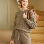 Women's Cashmere Knit Two-Piece Set | Cable Knit Sweater & Wide Leg Pants | Autumn Winter Loungewear - Windia