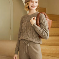Women's Cashmere Knit Two-Piece Set | Cable Knit Sweater & Wide Leg Pants | Autumn Winter Loungewear - Windia