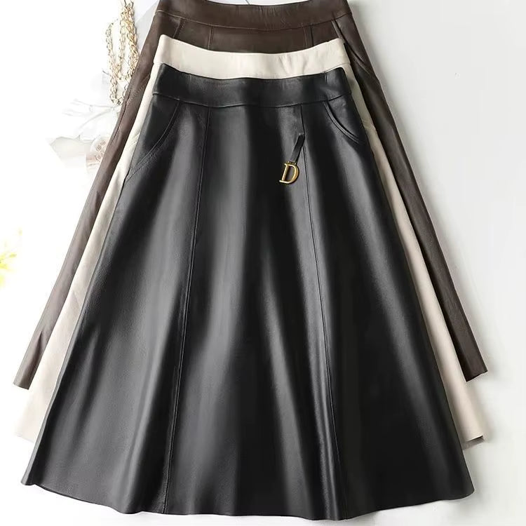 Women's Sheepskin Leather High-Waist Midi Skirt