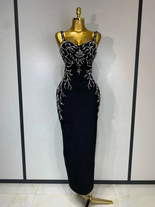 Women's Black Bandage Maxi Dress – Bodycon V-Neck Beading Evening Party Dress