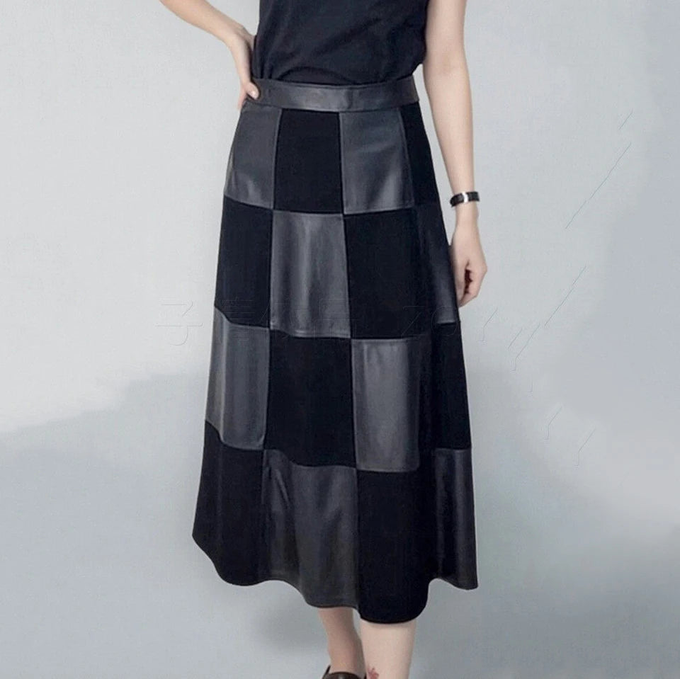 Women's Genuine Leather High Waist Checkerboard A-Line Maxi Skirt