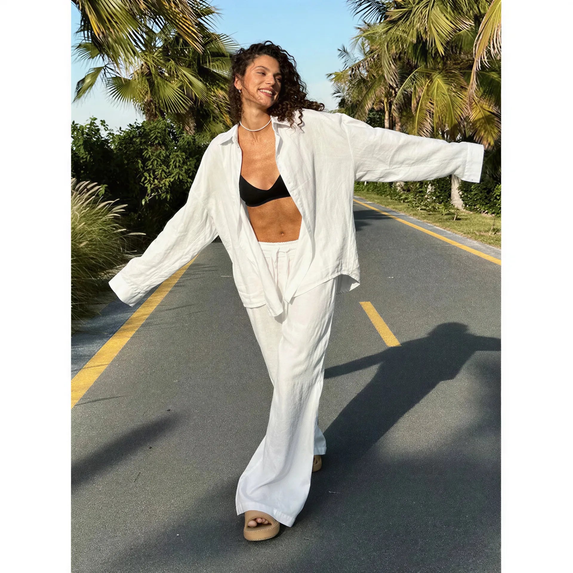Women's Cotton Lapel Two-Piece Suit – Long Sleeve Top & Drawstring Trousers