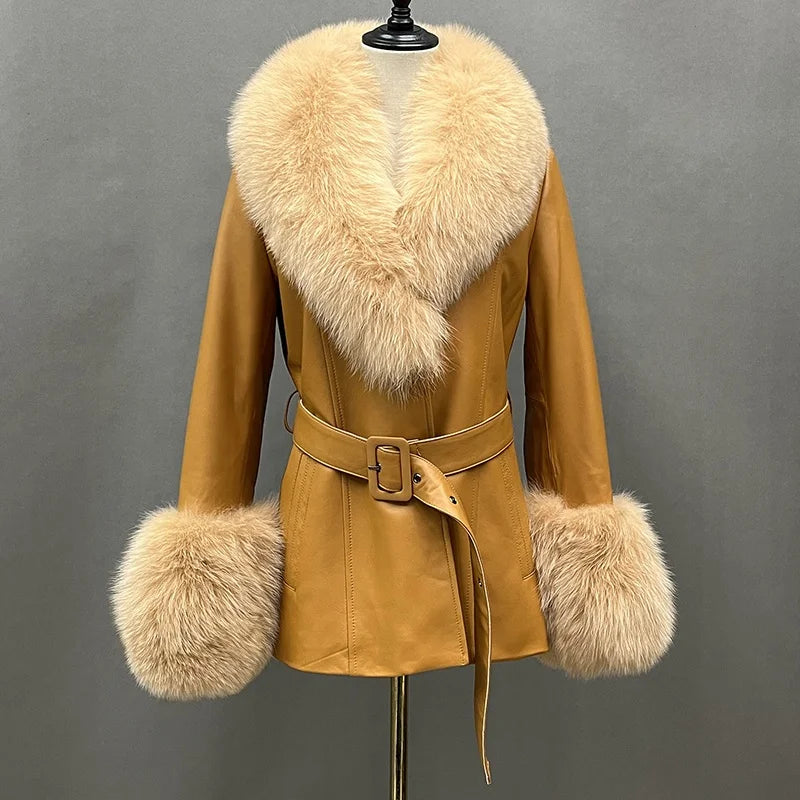 Fox Fur Collar Genuine Sheepskin Leather Coat – Women's Winter Jacket