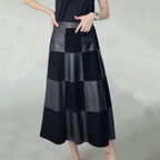 Women's Genuine Leather High Waist Checkerboard A-Line Maxi Skirt