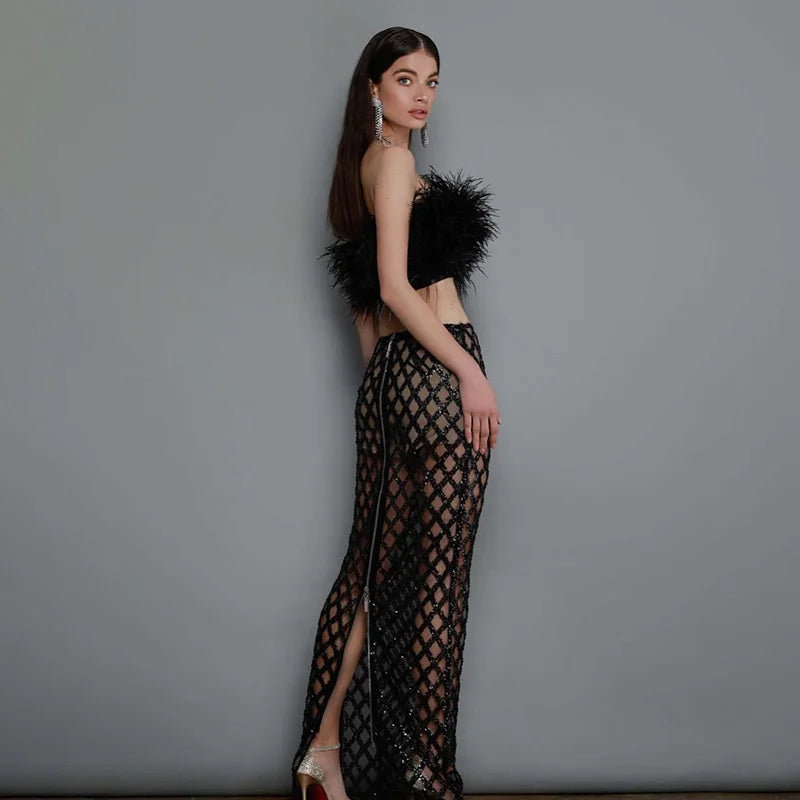 Women's Feather Crop Top & Sheer Mesh Maxi Skirt Set