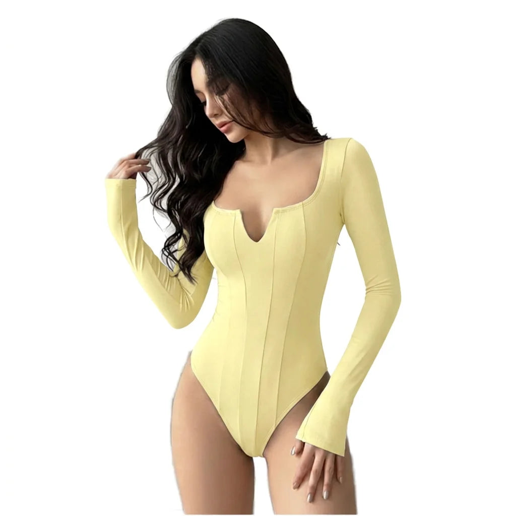 Women's V-Neck Long-Sleeve Stretch Knit Bodysuit