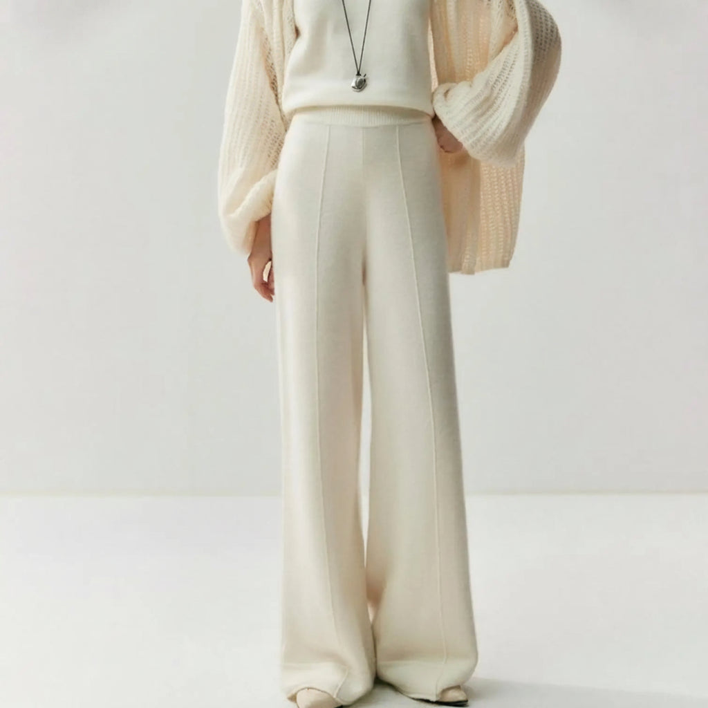 Women's Wool Cashmere Knitted Wide Leg Pants – High Waist Loose Straight Trousers