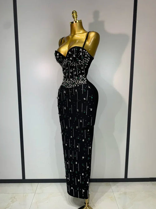 Women's Sleeveless Beaded Bodycon Evening Gown