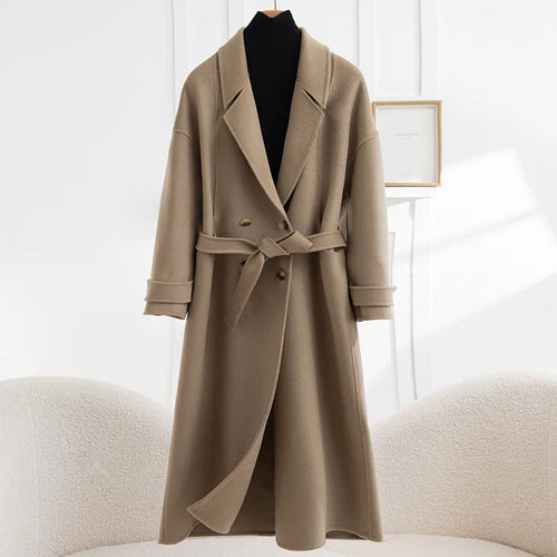 Women's Long Wool Coat | Double-Breasted V-Neck | Windia