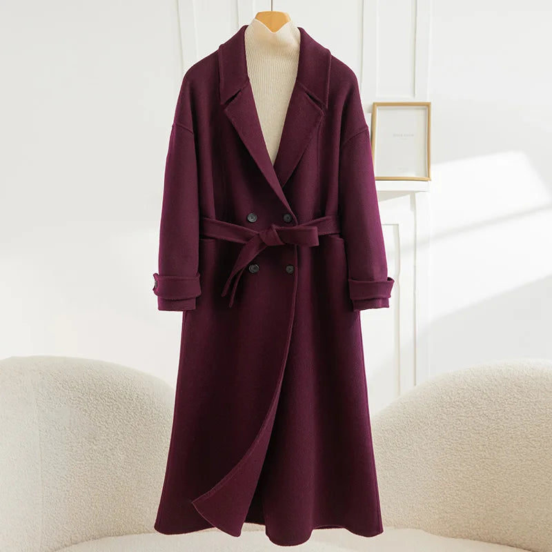 Women's Long Wool Coat | Double-Breasted V-Neck | Windia