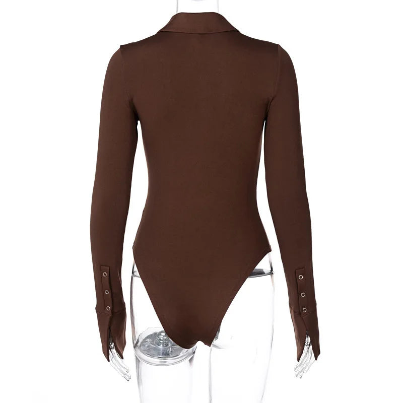 Tight Long Sleeve Lapel Women's Bodysuit Jumpsuit