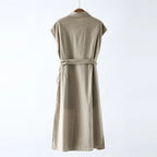 Women's Midi Linen Shirt Dress with Beaded Collar & Waist-Cinching Tie