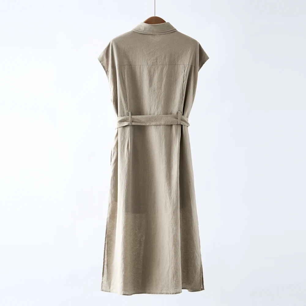 Women's Midi Linen Shirt Dress with Beaded Collar & Waist-Cinching Tie
