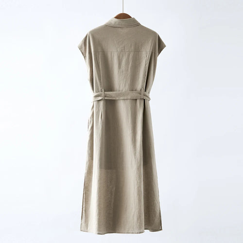 Women's Midi Linen Shirt Dress with Beaded Collar & Waist-Cinching Tie