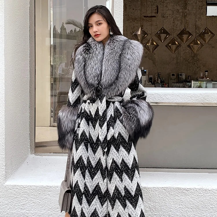 Fox Fur Collar & Cuffs Women's Cashmere Wool Overcoat – Handmade Houndstooth Winter Coat