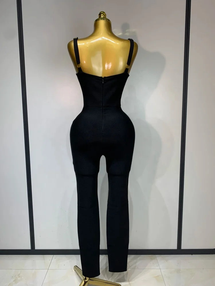 Women's Black Rhinestone V-Neck Jumpsuit | Windia