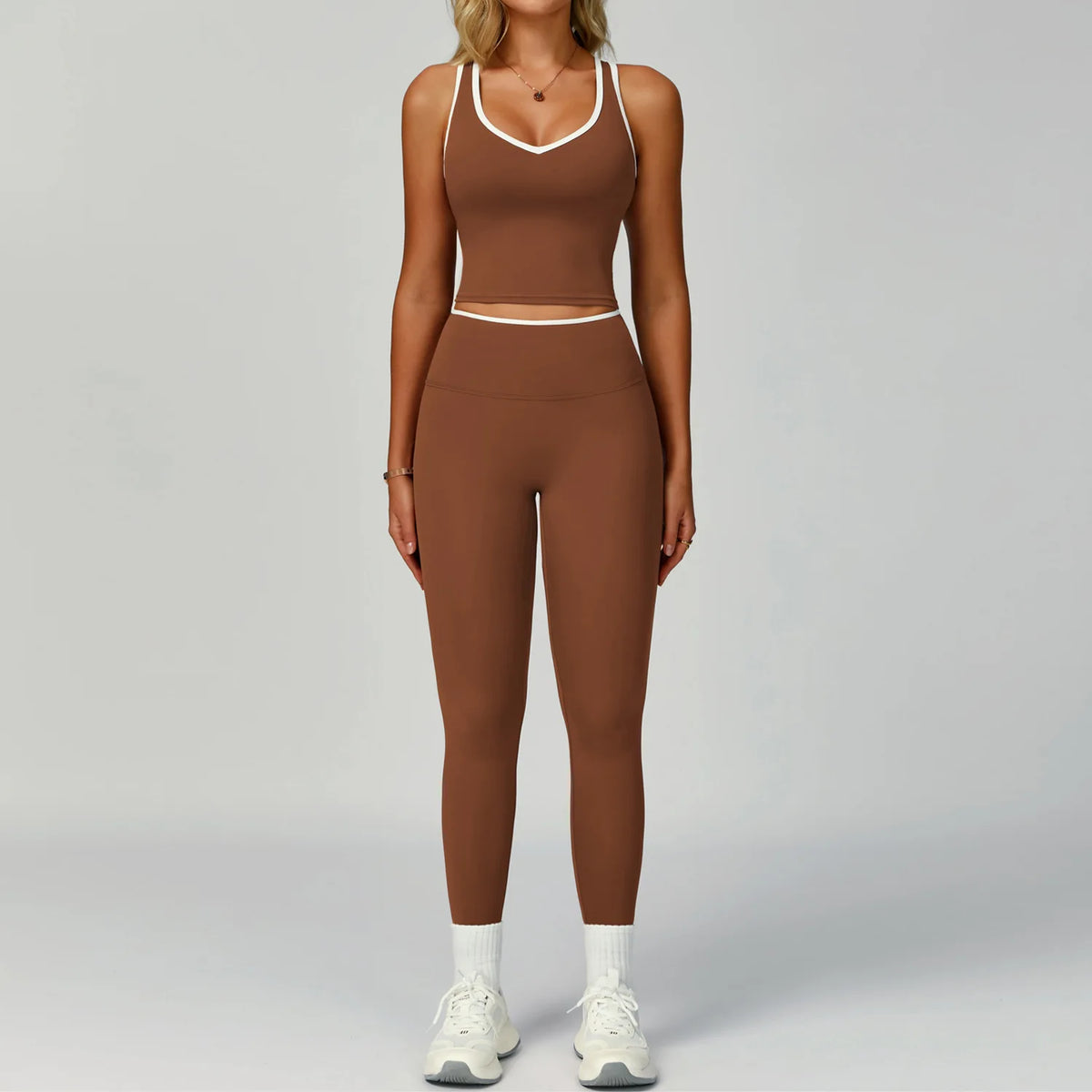 Contrast Colour Yoga Two-Piece Set — Seamless Vest & High-Waist Pants for Women