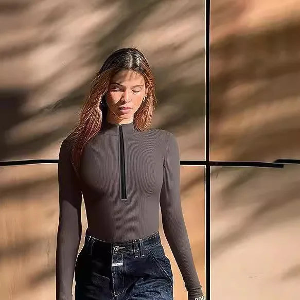 Women's Ribbed Long-Sleeve Zip-Front Bodysuit | Windia