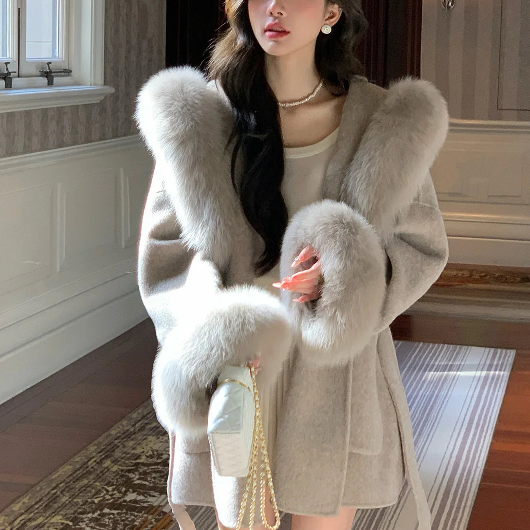 Women's Oversized Wool Coat with Fox-Fur Trim Hood