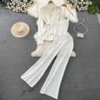 Korean-Style Casual Two-Piece Set — Polo-Collar Knitted Top & Midi Skirt