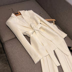 2025 New Arrival Lady Designed Quilted Office Casual 2Pcs Long Sleeve Single Button Blazer With Belt Flared Pants Solil Suit