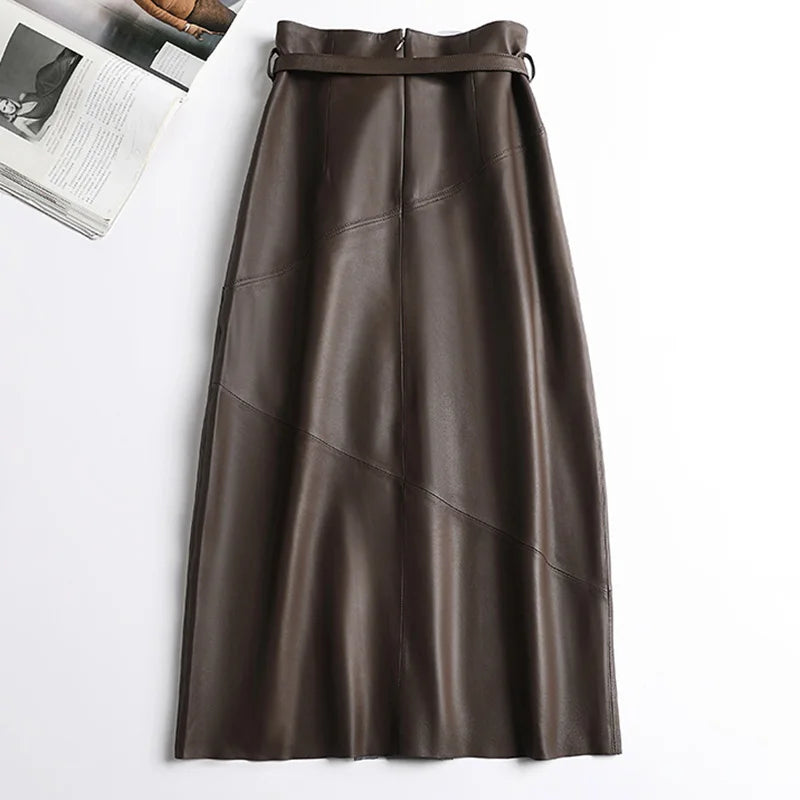 High Waist Split Sheepskin Leather Skirt – Women's Genuine Leather A-Line Skirt