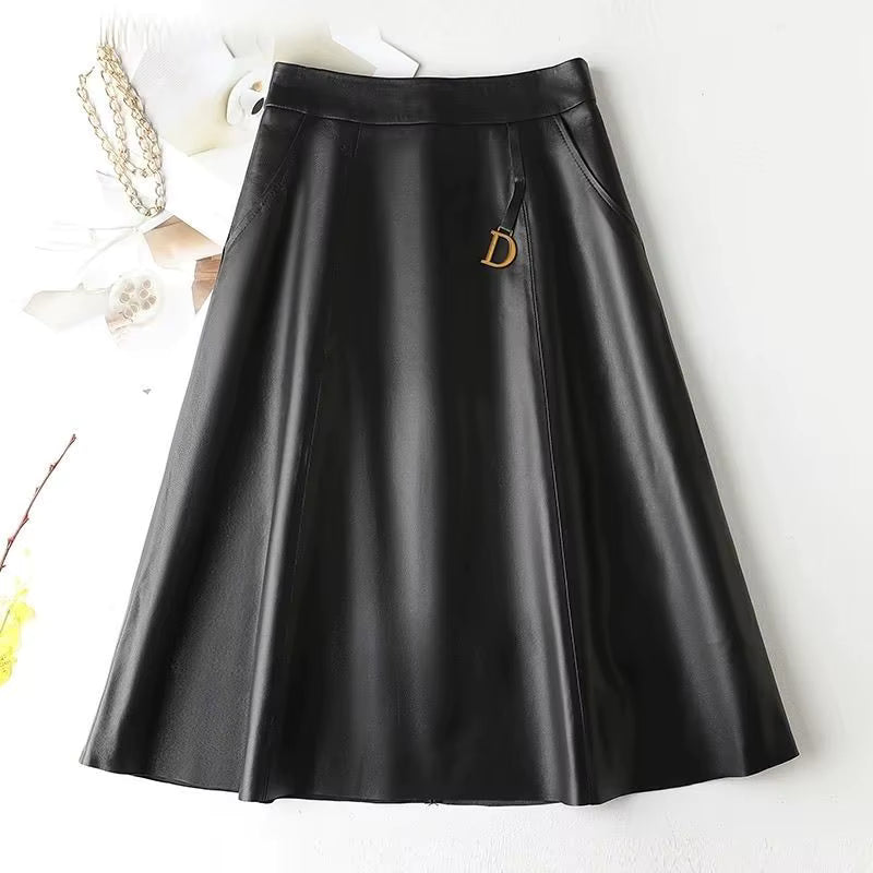 Women's Sheepskin Leather High-Waist Midi Skirt