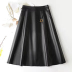 Women's Sheepskin Leather High-Waist Midi Skirt