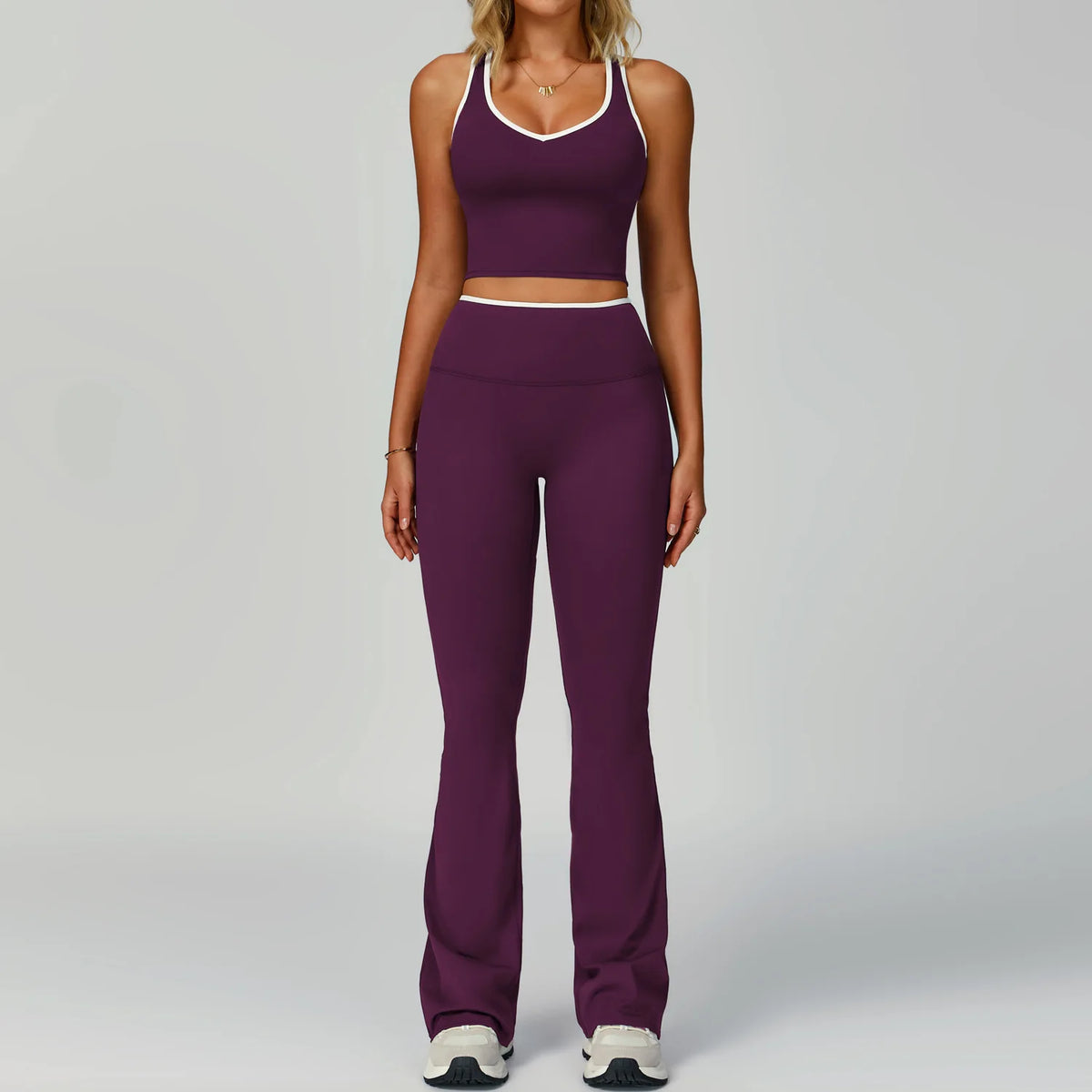 Contrast Colour Yoga Two-Piece Set — Seamless Vest & High-Waist Pants for Women